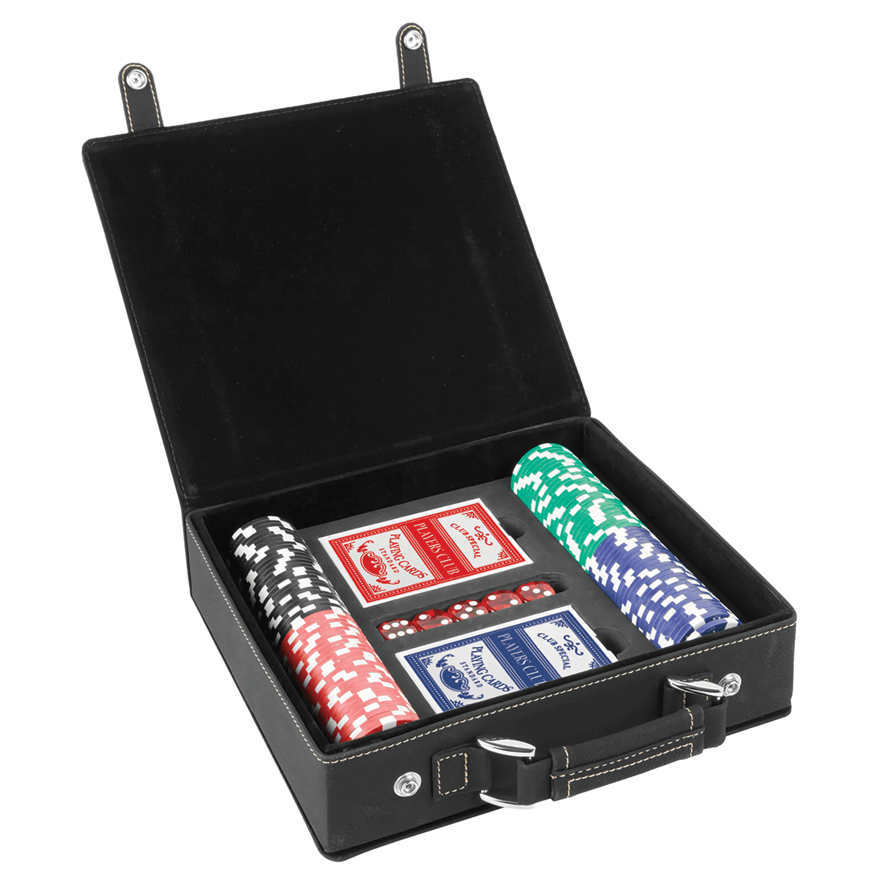 Laserbara poker-, kort- och tärningsset i konstläder