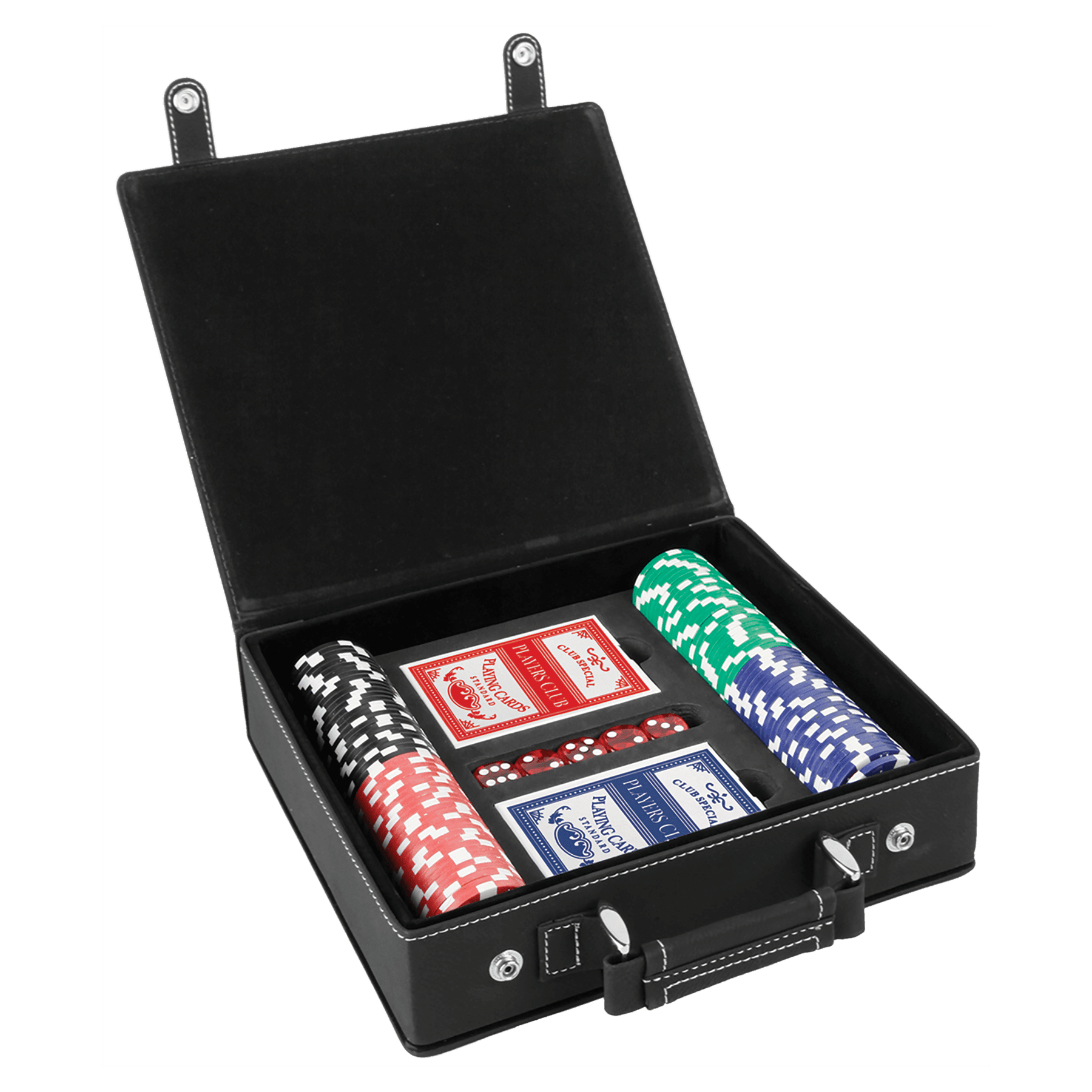 Laserbara poker-, kort- och tärningsset i konstläder
