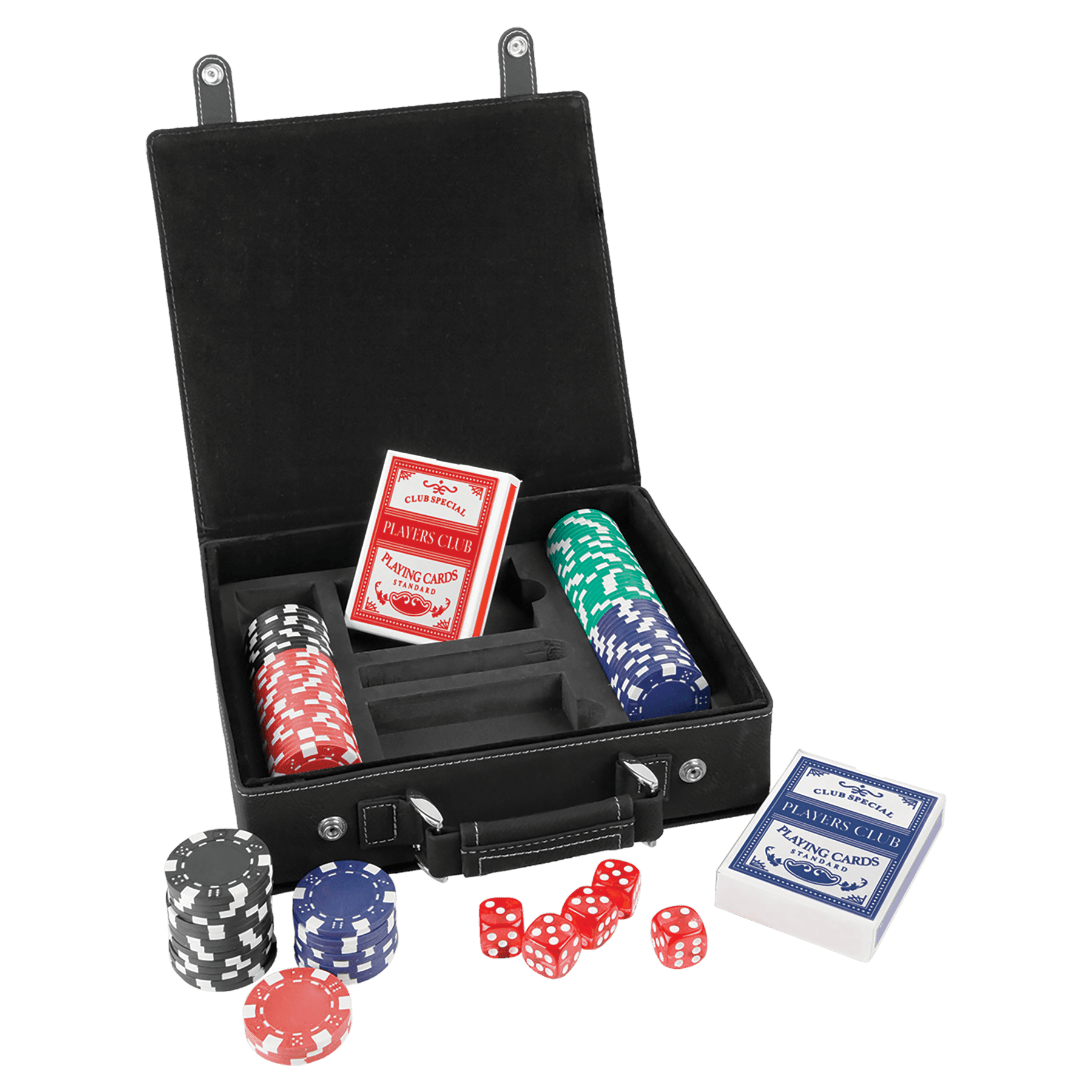 Laserbara poker-, kort- och tärningsset i konstläder