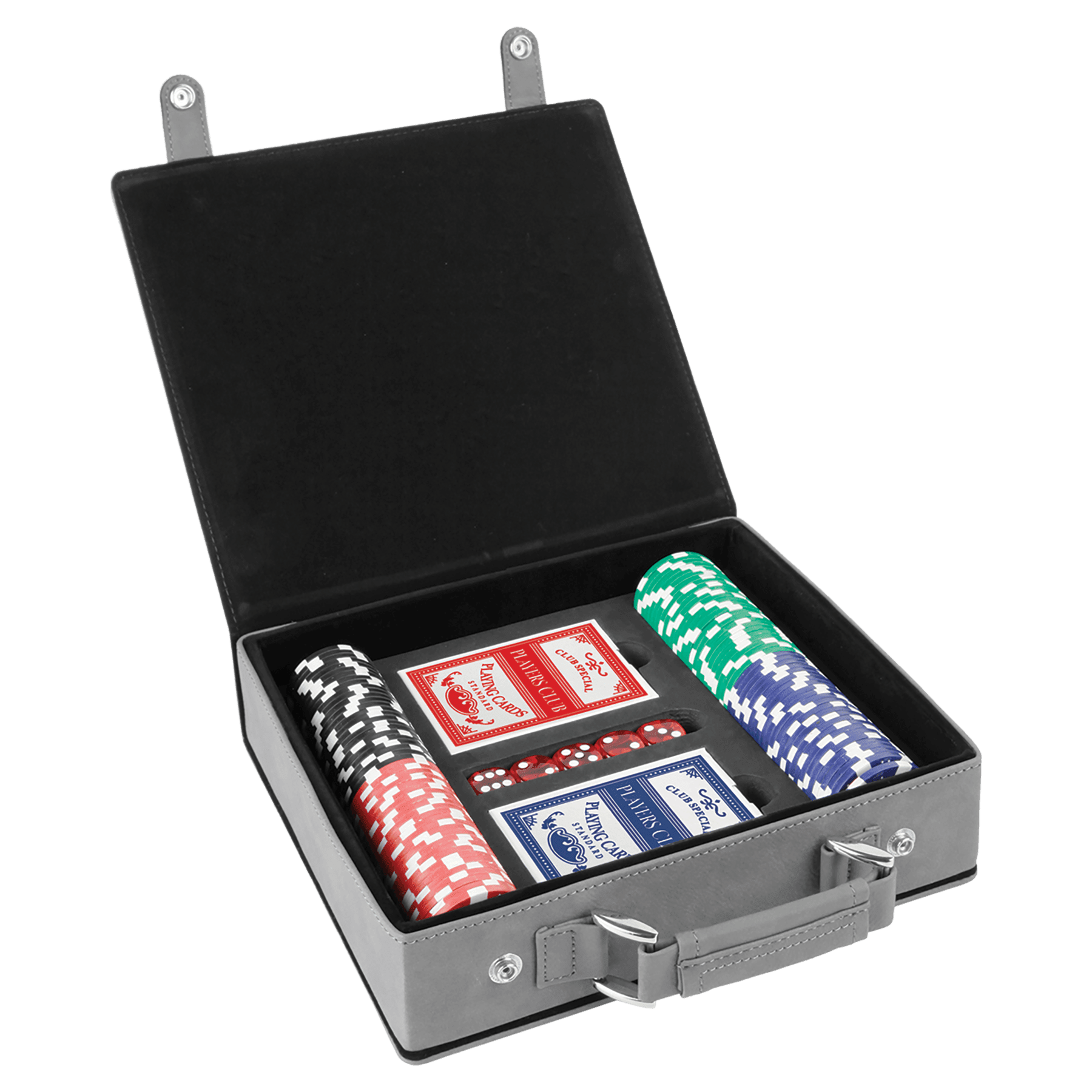 Laserbara poker-, kort- och tärningsset i konstläder