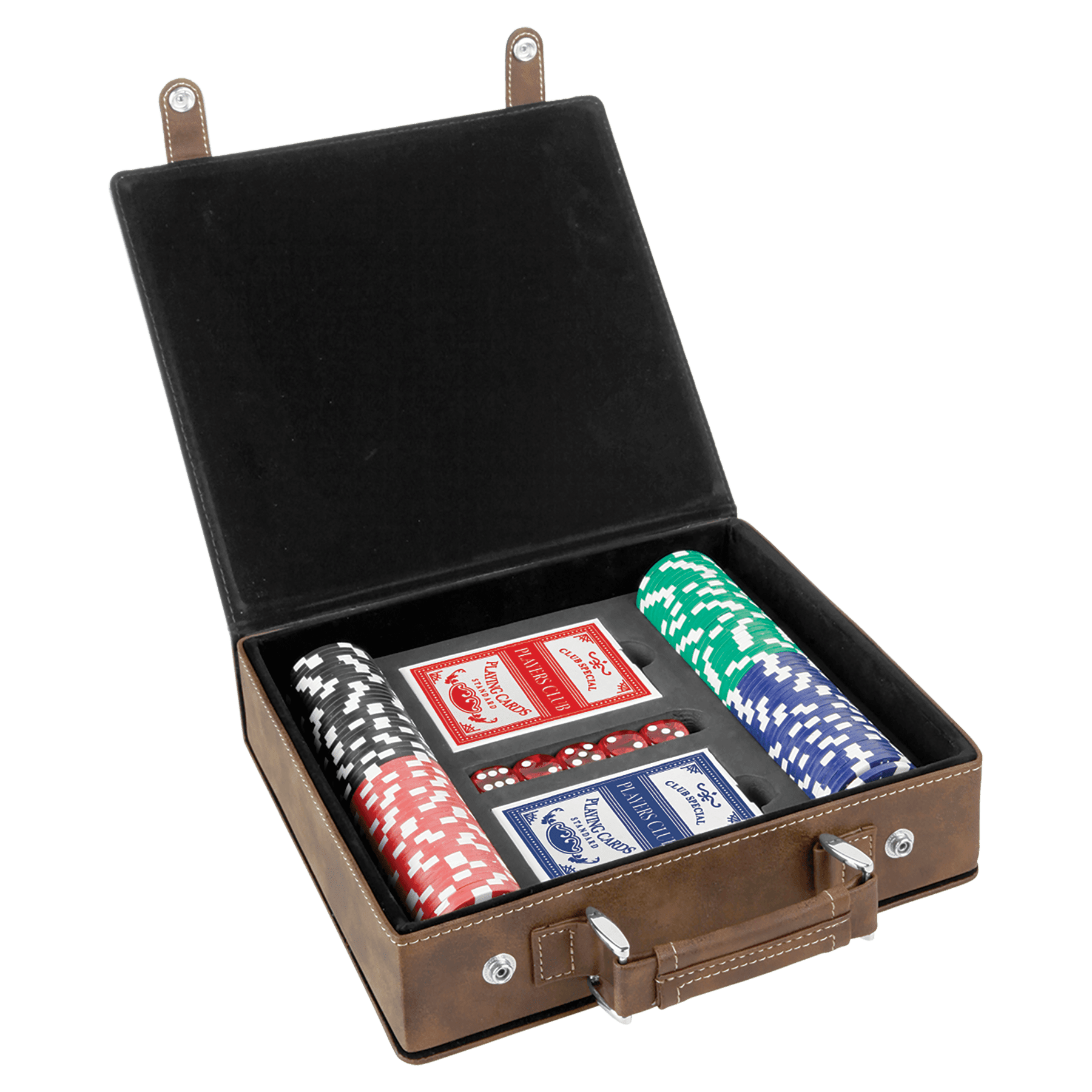 Laserbara poker-, kort- och tärningsset i konstläder