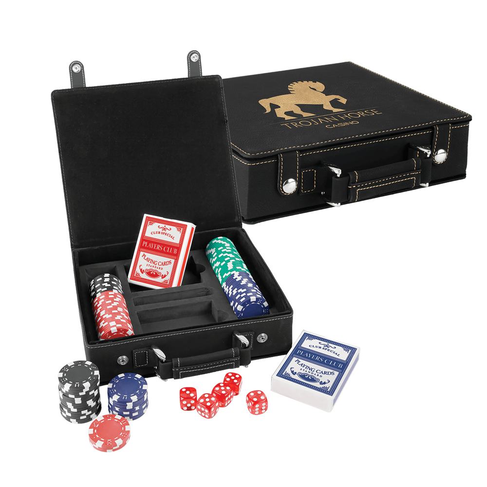Laserbara poker-, kort- och tärningsset i konstläder