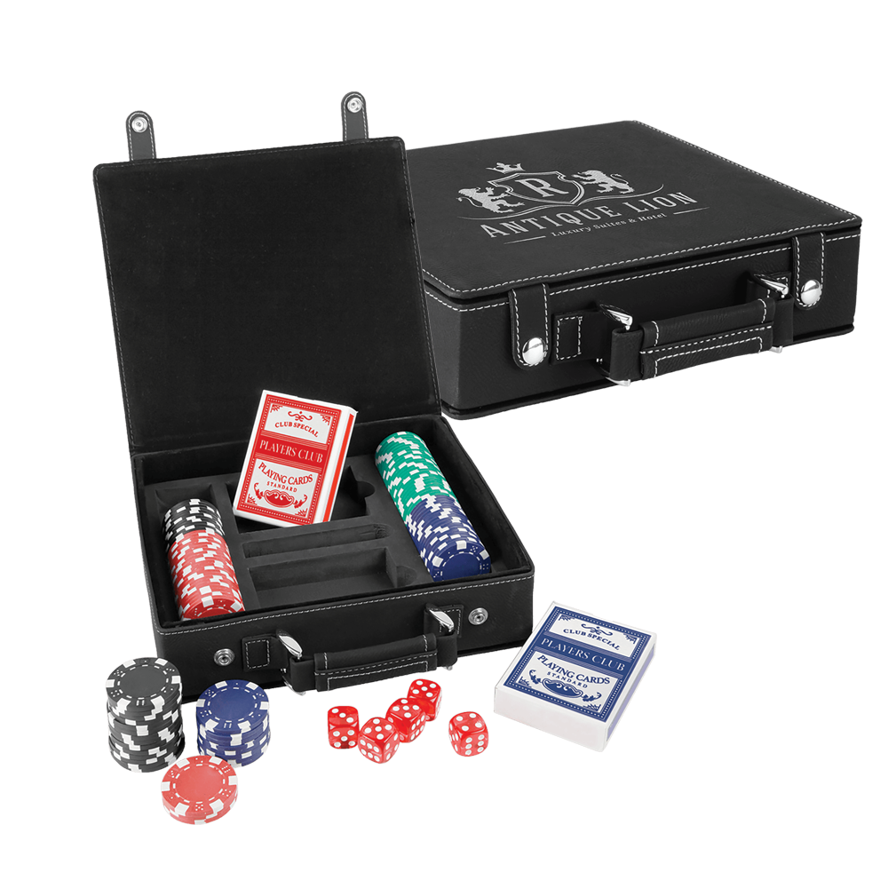 Laserbara poker-, kort- och tärningsset i konstläder