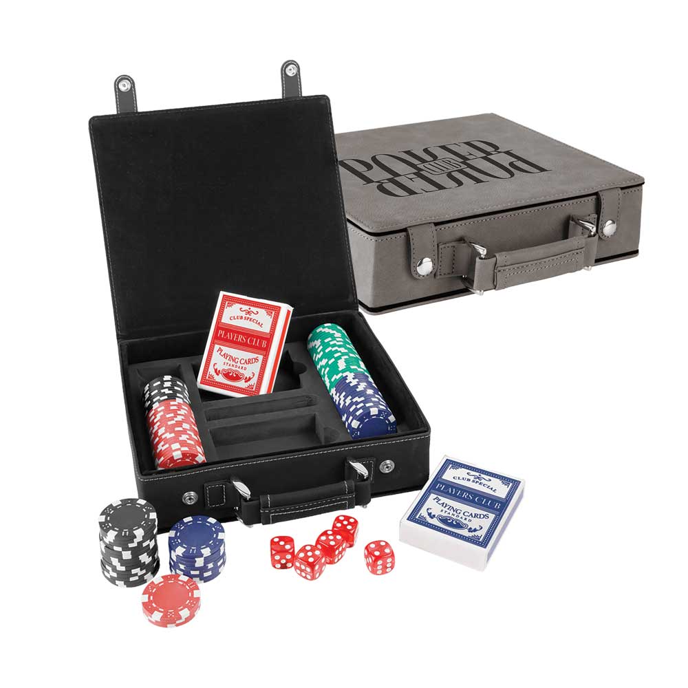 Laserbara poker-, kort- och tärningsset i konstläder