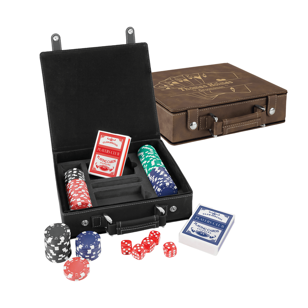 Laserbara poker-, kort- och tärningsset i konstläder