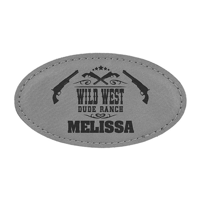 Laserbar oval emblem i konstläder med magnet