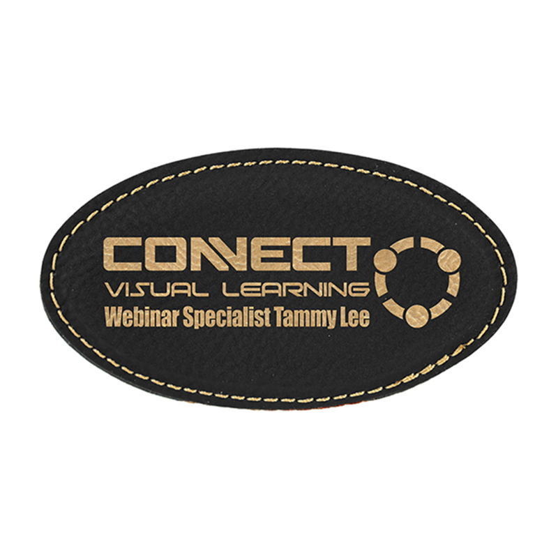 Laserbar oval emblem i konstläder med magnet