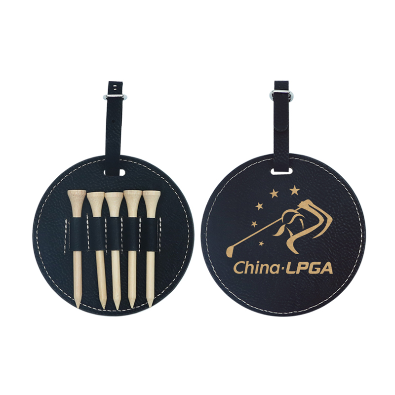 Laserbar rund golfbagtagg i konstläder med 5 T-shirts av trä